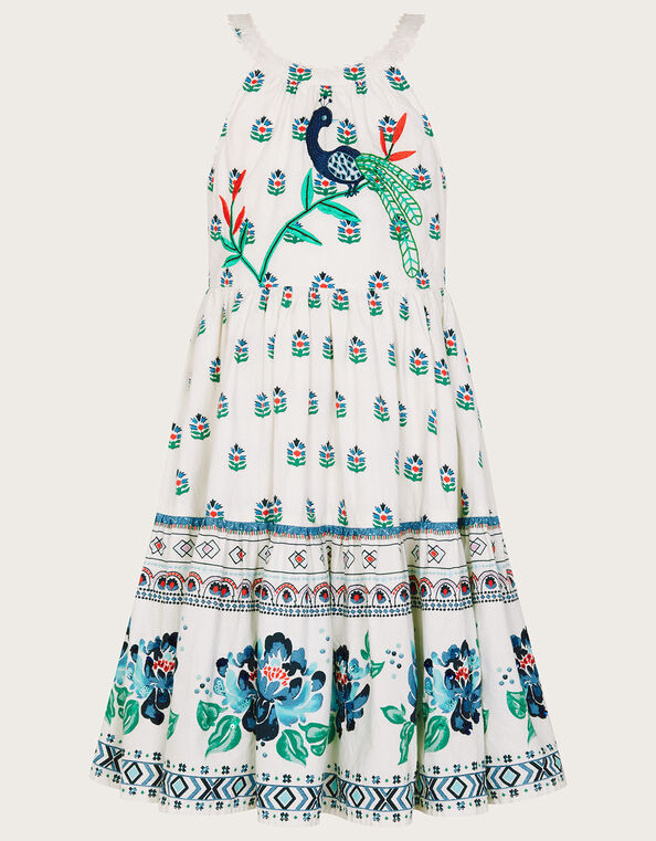 MINI ME Boutique Angelina Embroidered Peacock Dress, White (WHITE), large