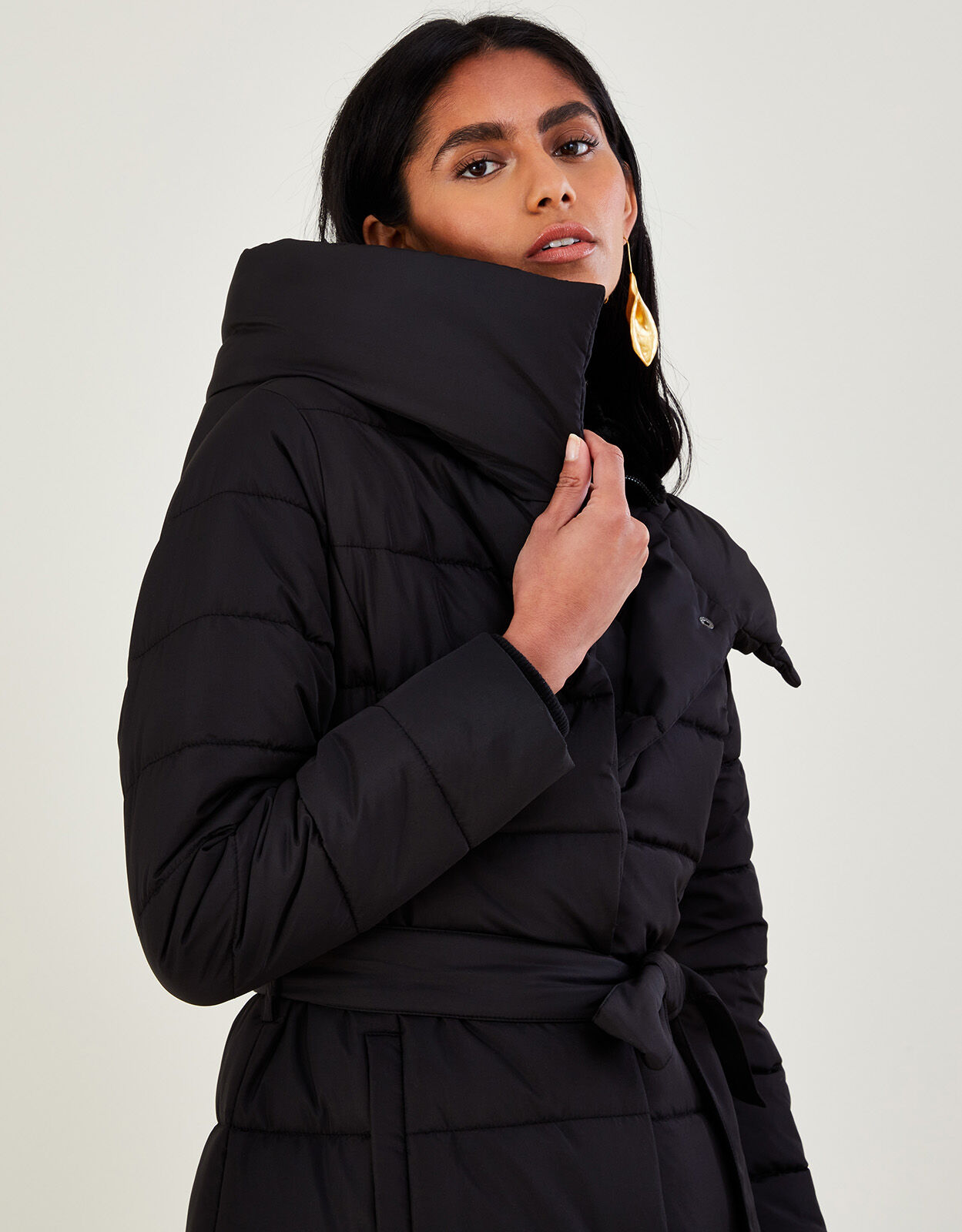 Flossy Funnel Hooded Padded Maxi Coat Black