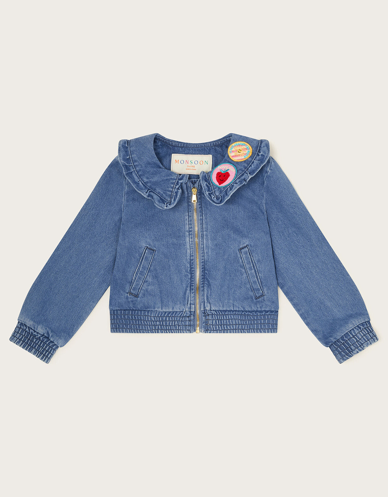 Frill Collar Denim Bomber Jacket Blue