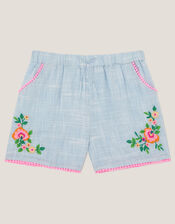 Floral Embroidered Slub Shorts, Blue (BLUE), large