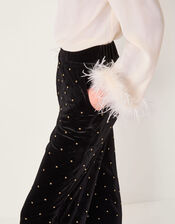 Emma Embellished Velvet Wide Leg Pants, Black (BLACK), large
