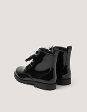 Bow Patent Lace-Up Boots, Black (BLACK), large