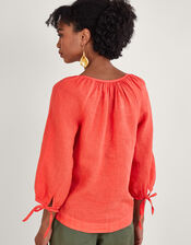 Round Neck Tie Cuffs Linen Blouse, Red (RED), large