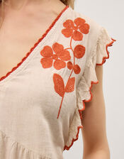 Rhea Embroidered Linen Blend Top, Natural (NATURAL), large