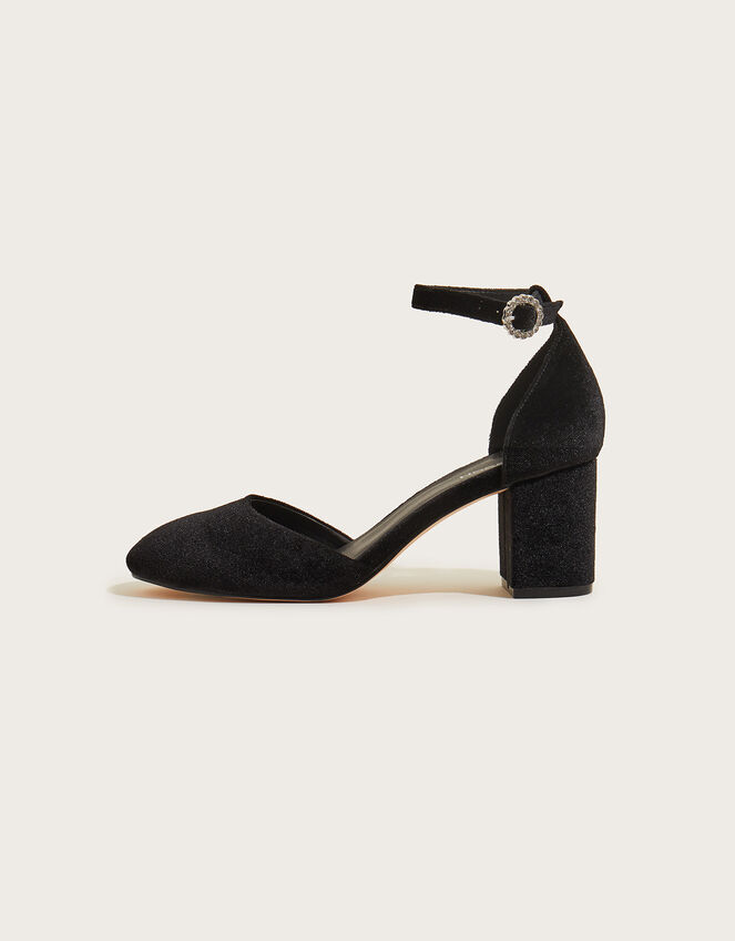 Closed Toe Diamante Buckle Velvet Heels, Black (BLACK), large