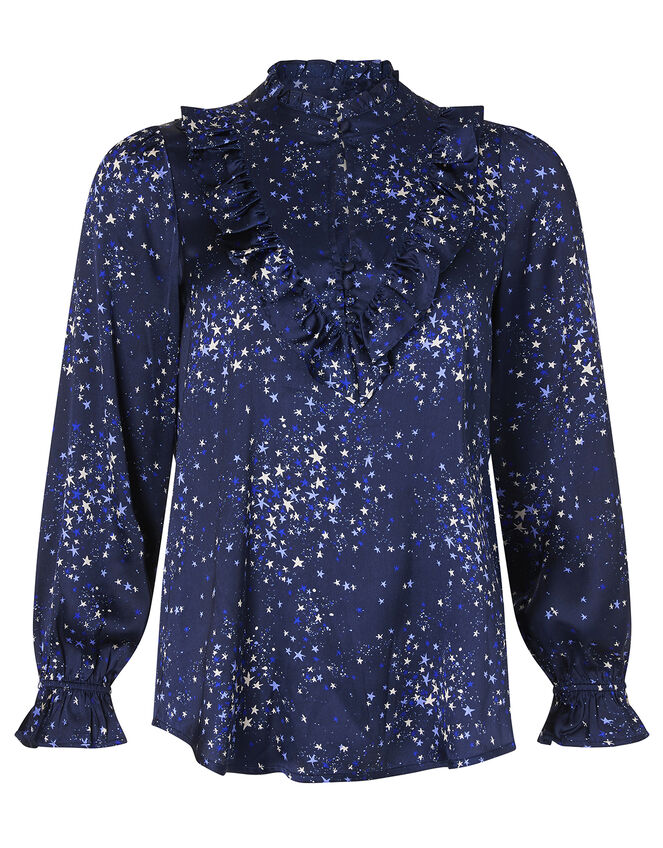 Star Print Satin Blouse, Blue (NAVY), large
