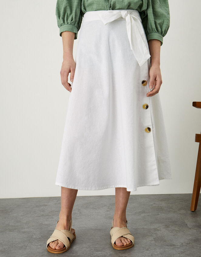 Mock Button Midi Skirt with Sustainable Cotton, White (WHITE), large