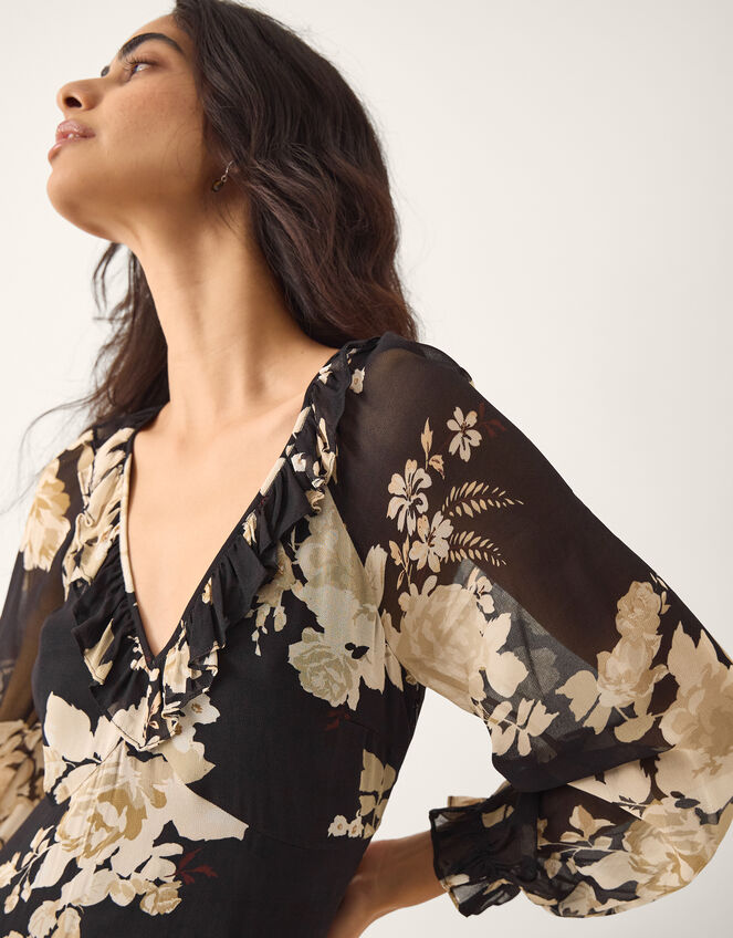 Rowena Floral Print Ruffle Maxi Dress, Black (BLACK), large