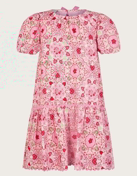 Heart Print Puff Sleeve Dress, Pink (PINK), large