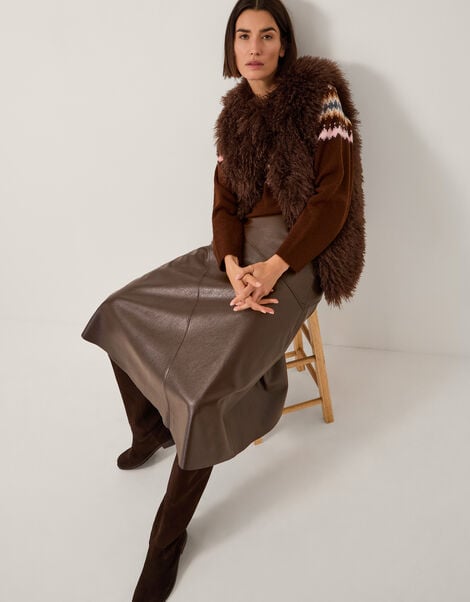 Marnie Faux Leather Midi Skirt, Brown (CHOCOLATE), large