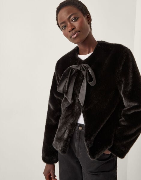 Farah Bow Faux Fur Jacket, Black (BLACK), large