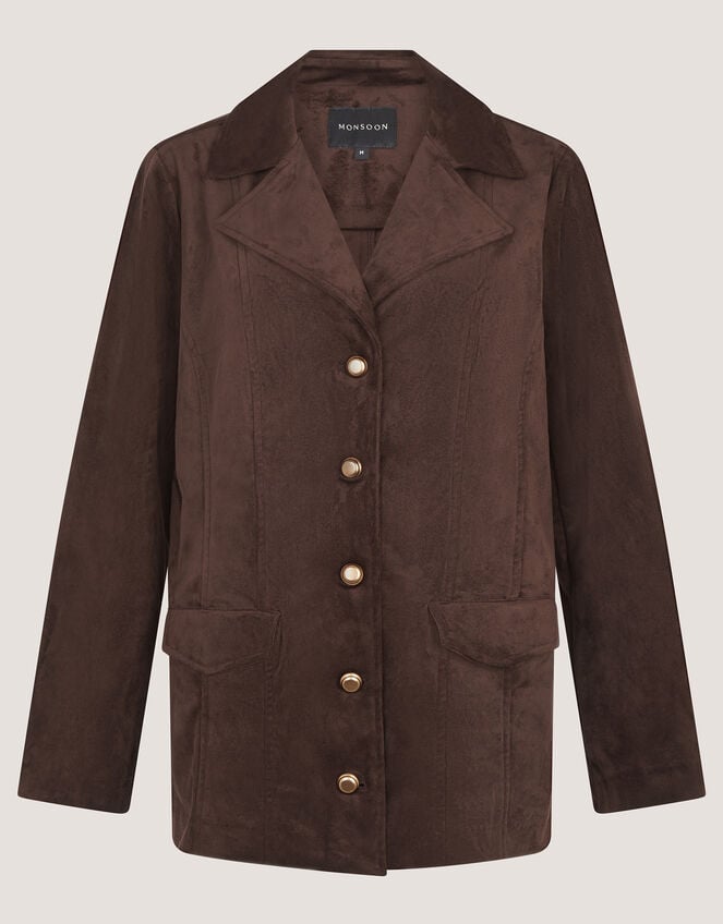 Eva Faux Suede Longline Jacket, Brown (DARK BROWN), large