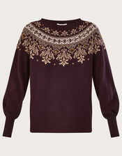 Floral Fairisle Jumper with Sustainable Cotton, Red (BERRY), large