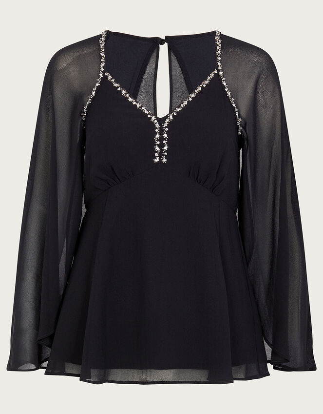 Mindy Embellished Cape Sleeve Top in Recycled Polyester, Black (BLACK), large