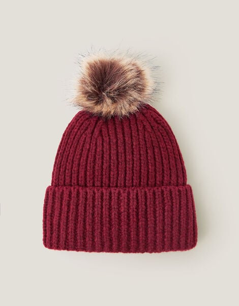 Dede Faux Fur Bobble Beanie Hat, Red (BURGUNDY), large