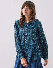 East Bridget Floral Print Top, Blue (NAVY), large