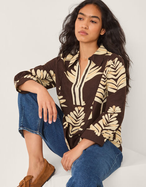 Pamela Linen Blend Leaf Print Top, Brown (CHOCOLATE), large