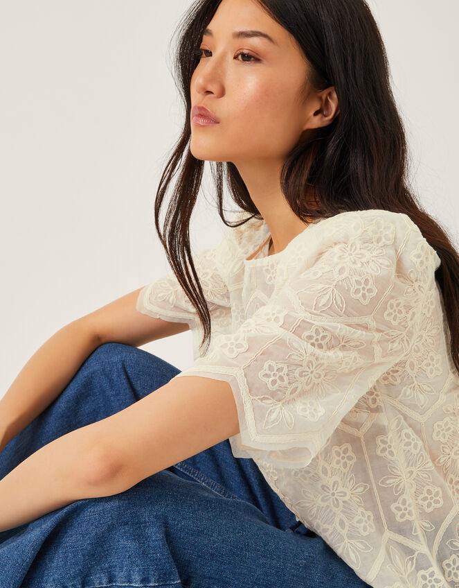 Clara Sheer Embroidered Top, Ivory (IVORY), large