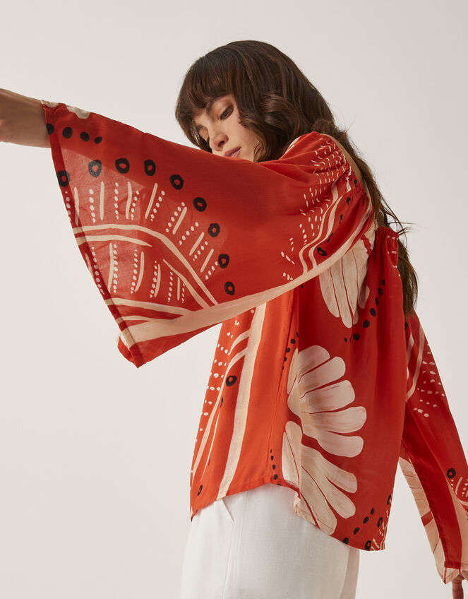 Nara Print Bardot Top, Orange (RUST), large