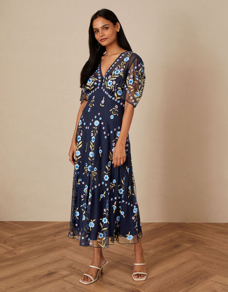 Ginny Embroidered Midi Dress in Recycled Polyester, Blue (NAVY), large