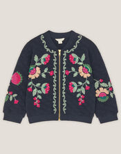 Floral Embroidered Quilted Bomber Jacket, Blue (NAVY), large
