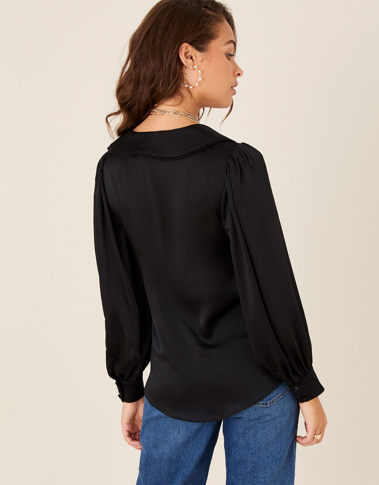 Suzie Collared Satin Blouse Black 
