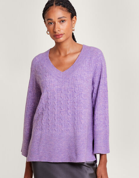 V-Neck Cable Longline Jumper with Recycled Polyester , Purple (LILAC), large