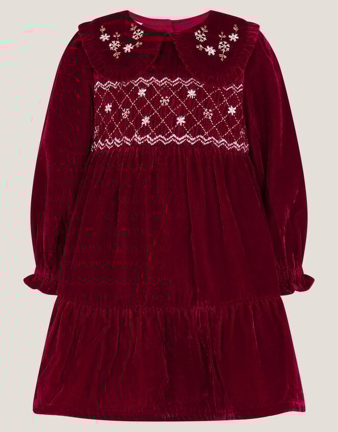 Baby Floral Embroidered Velvet Dress, Red (BURGUNDY), large