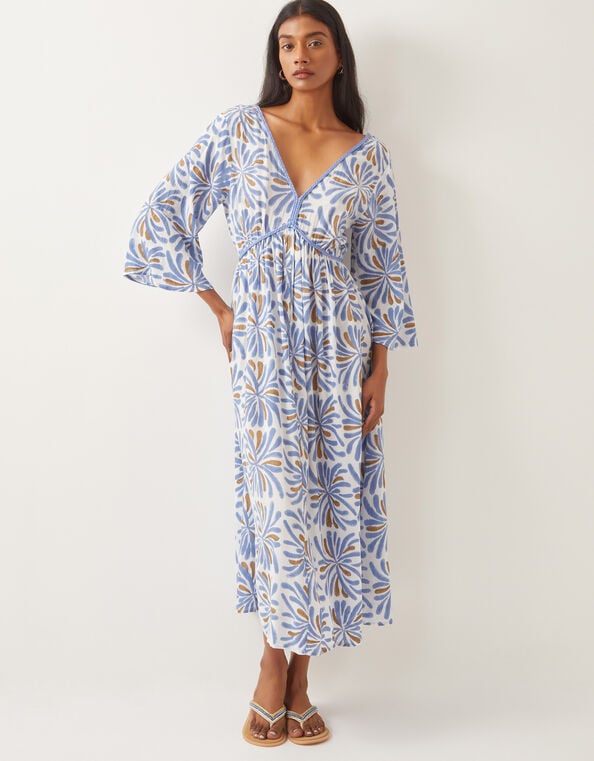 Cece V-Neck Woodblock Print Midi Dress, Blue (BLUE), large
