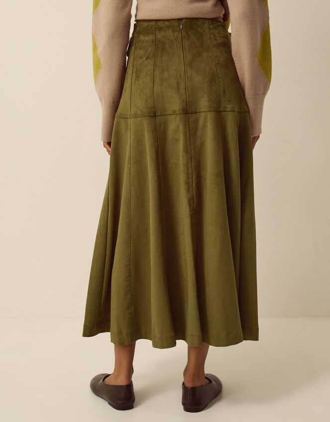 Macy Tie Side Faux Suede Midi Skirt, Green (KHAKI), large