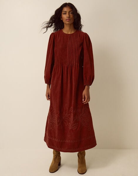 Joyce Embroidered Corduroy Midi Dress, Cognac (COGNAC), large