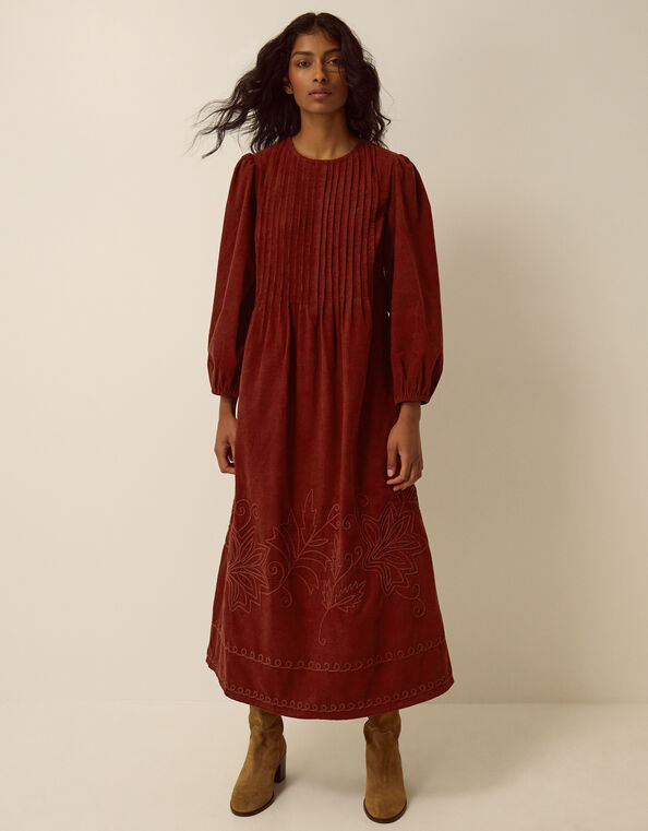 Joyce Embroidered Corduroy Midi Dress, Cognac (COGNAC), large