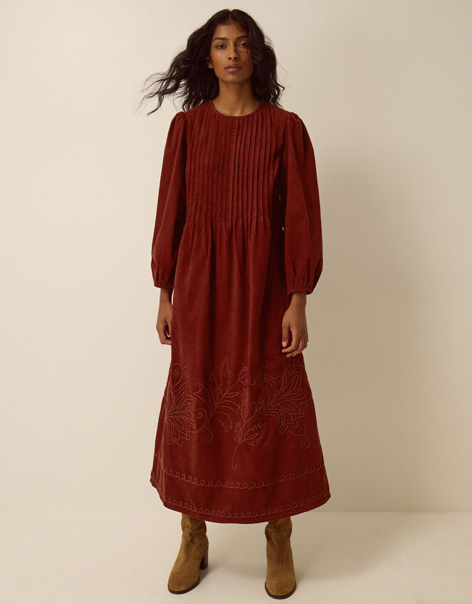 Joyce Embroidered Corduroy Midi Dress, Cognac (COGNAC), large