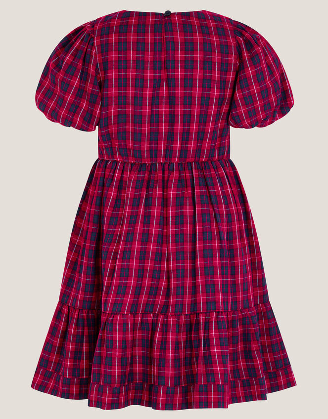 Floral Tartan Puff Sleeve Dress, Red (RED), large