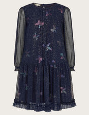 Long Sleeve Bow Print Mesh Dress, Blue (NAVY), large