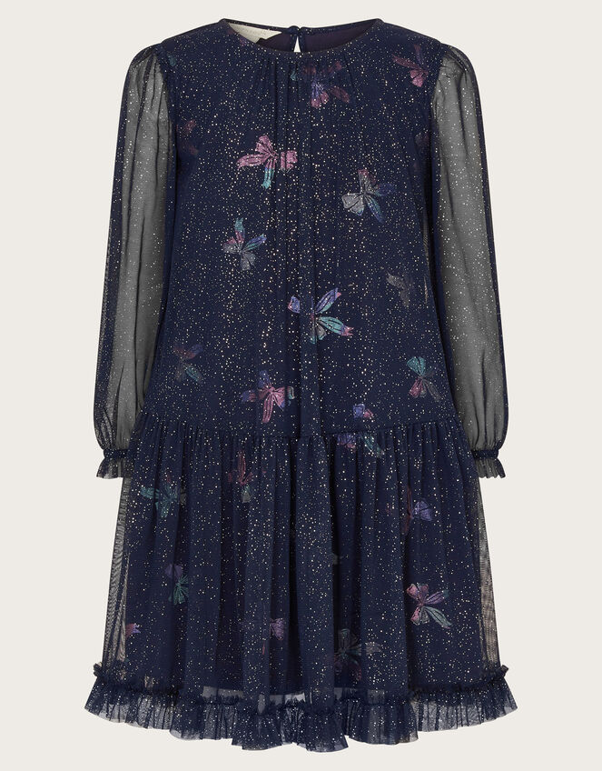 Long Sleeve Bow Print Mesh Dress, Blue (NAVY), large