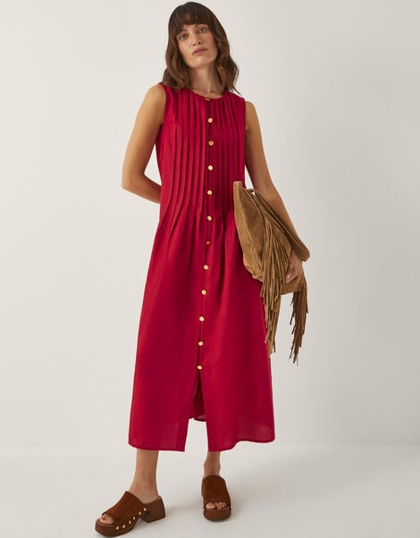 Monica Sleeveless Pleated Midi Dress, Red (RED), large