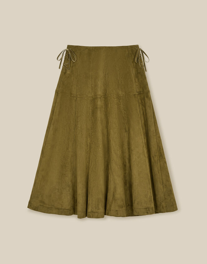 Macy Tie Side Faux Suede Midi Skirt, Green (KHAKI), large