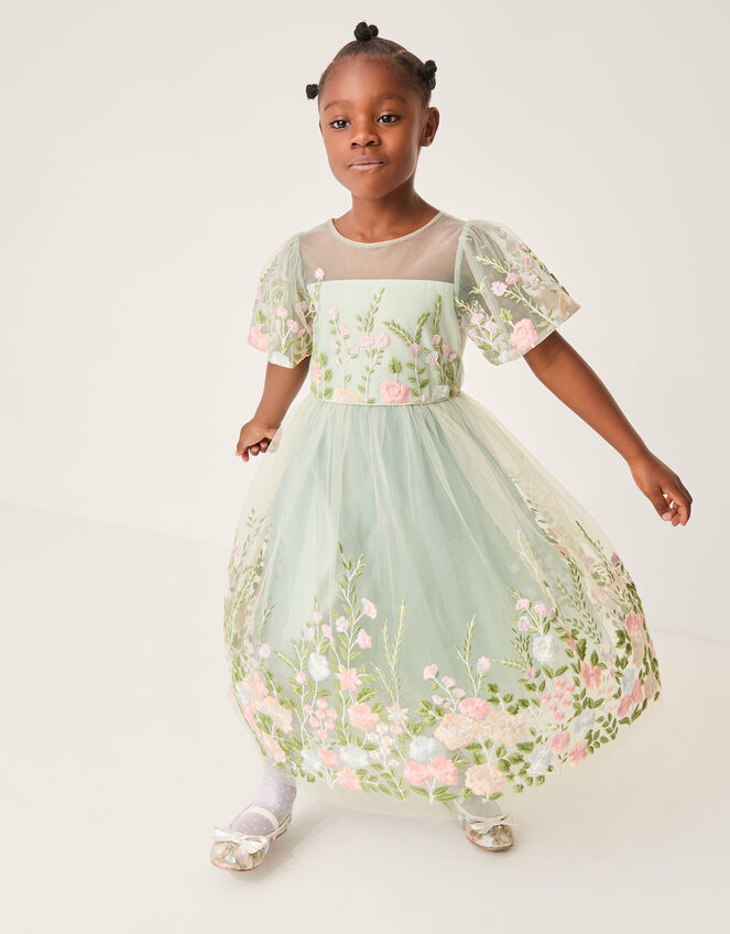 green emerald velvet dress Girls Embroidered Tulle Dress for Pageants or Holiday Photos