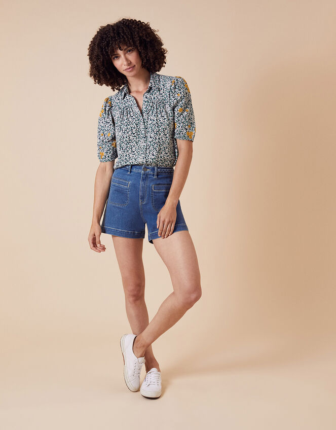 Ditsy Floral Embroidered Shirt in Sustainable Viscose, Ivory (IVORY), large