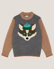 Fox Colour Block Knit Jumper, Grey (GREY), large