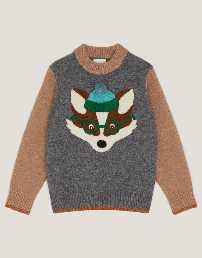 Fox Colour Block Knit Jumper, Grey (GREY), large