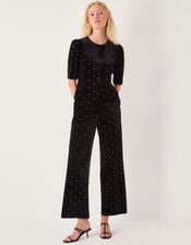 Emma Embellished Velvet Wide Leg Pants, Black (BLACK), large