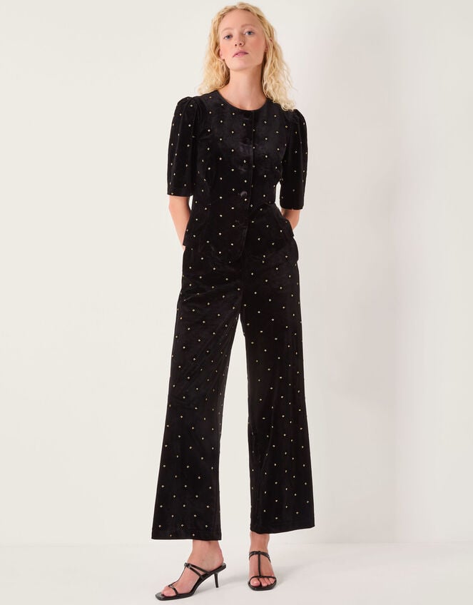Emma Embellished Velvet Wide Leg Pants, Black (BLACK), large