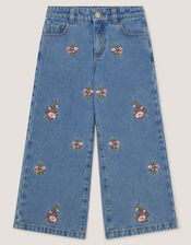 Floral Embroidered Wide Leg Jeans, Blue (BLUE), large