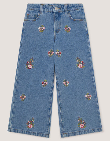 Floral Embroidered Wide Leg Jeans, Blue (BLUE), large