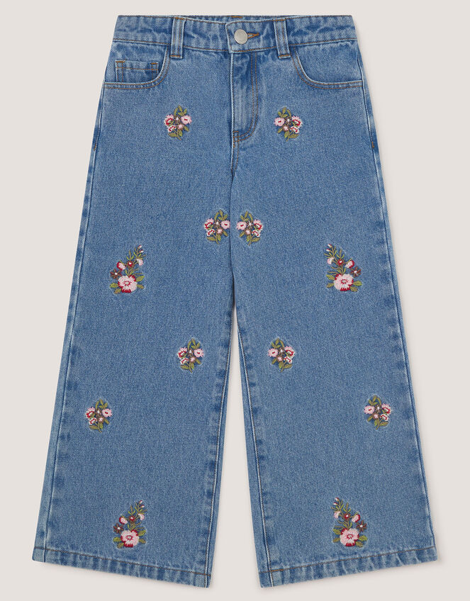 Floral Embroidered Wide Leg Jeans, Blue (BLUE), large