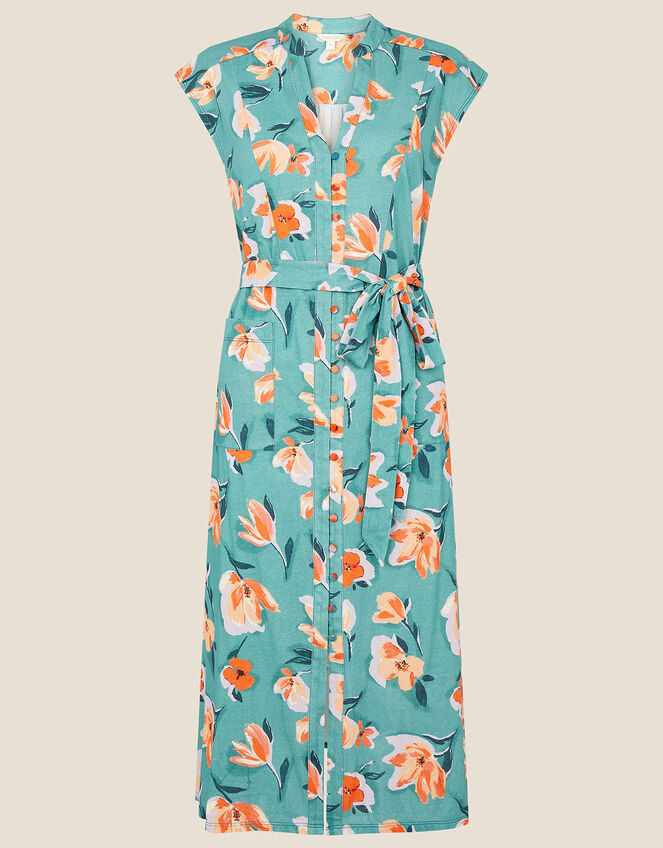 Floral Print Jersey Shirt Dress, Blue (BLUE), large