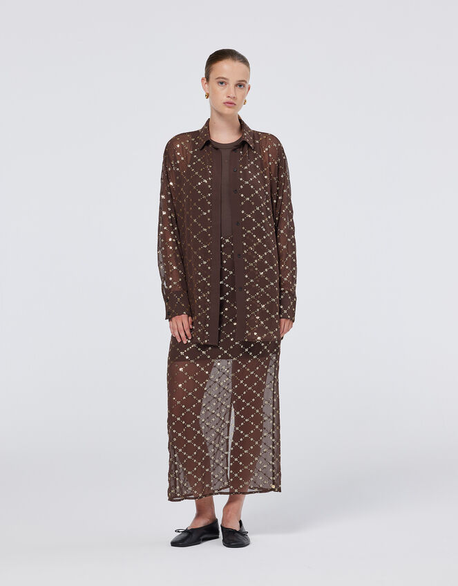 Scotch and Soda Sequin Embellished Sheer Shirt, Brown (BROWN), large