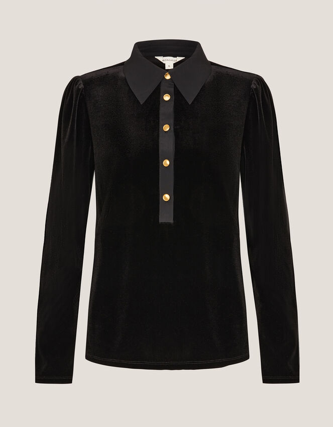 Clay Collar Stretch Velvet Blouse, Black (BLACK), large